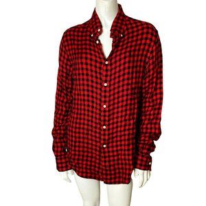 Ralph Lauren Viscose Shirt Womens Med Red Black Plaid Button Front Long Sleeve